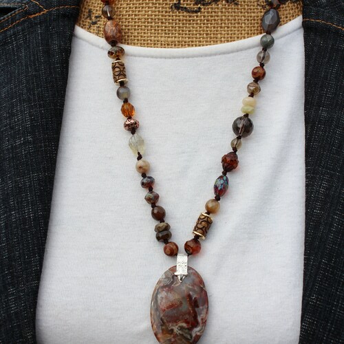 Beaded Necklace, 25 inch Necklace, Crazy Lace Agate shops Necklace, Natural Stone Jewelry, Artisan Jewelry, Gifts for Her, Hand Knot, Knottedup