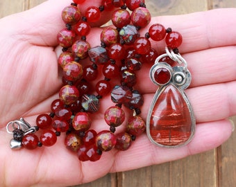 Unique Handmade Gemstone Necklace Beaded Jewelry Statement Necklace in Red