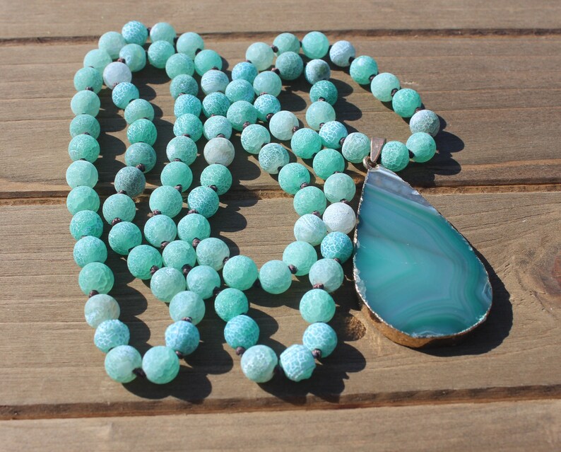 Long Beaded Green Agate Necklace with Pendant Bohemian Hippie Jewelry by Inara