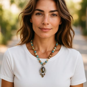 Smoky Quartz Serenade Unique Necklace Beaded Jewelry Fancy Statement Necklace Blue and Browns