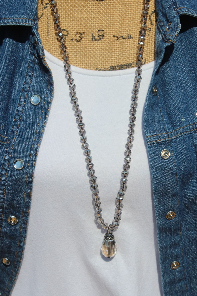 Beaded Intuition Necklace Boho Jewelry by Inarajewels Long Gray Crystal Necklace Boho Glam