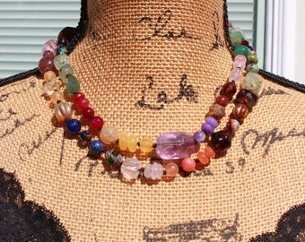 Long Rainbow Gemstone Necklace, Bold Statement-Making Gifts for her, Knottedup