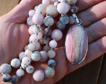 Long Hand Knot Pink Opal Necklace with Pendant by Knottedup