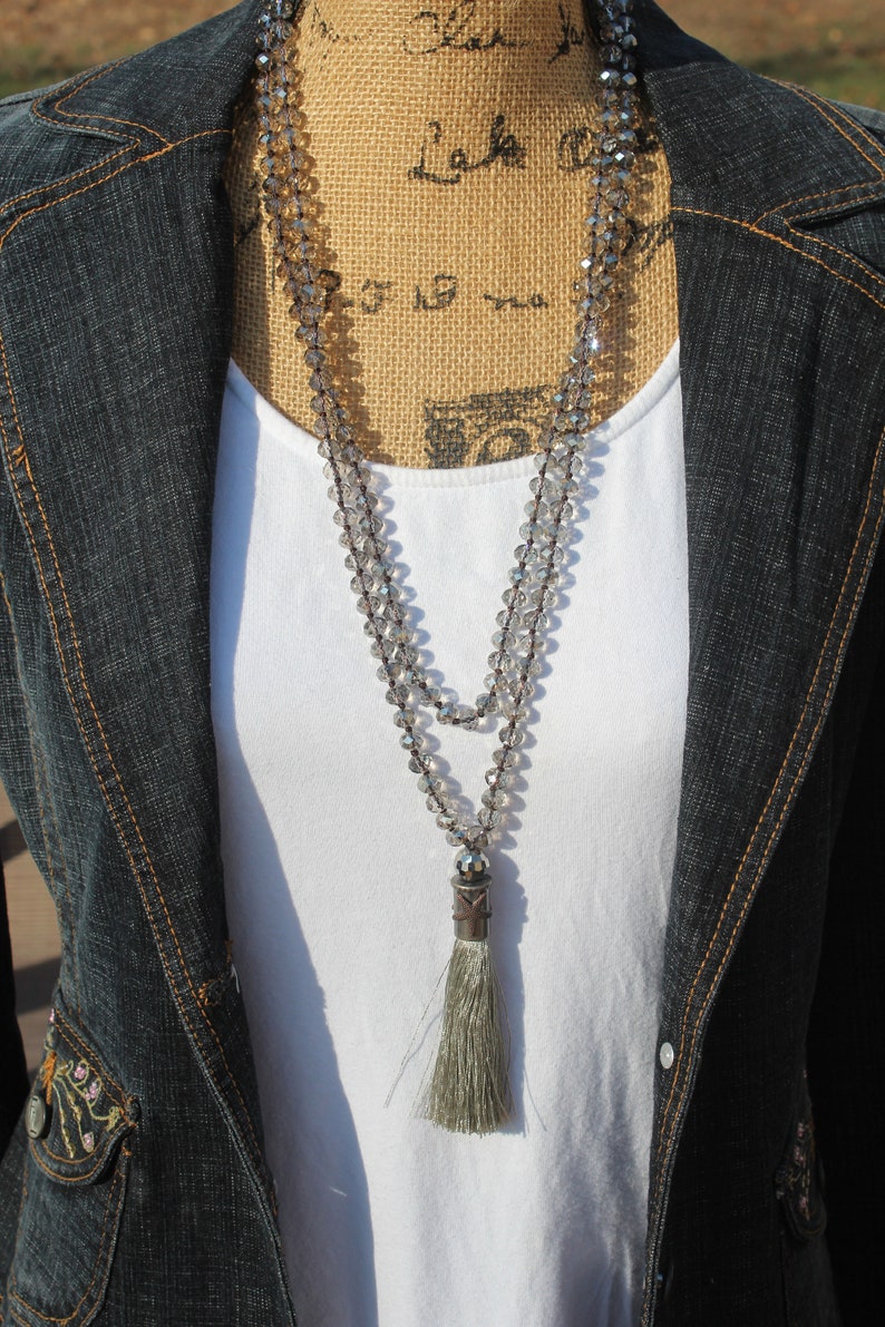 Stunning Double wrap Necklace with Tassel Gray Crystals Starfish Hand knot Bohemian Jewelry
