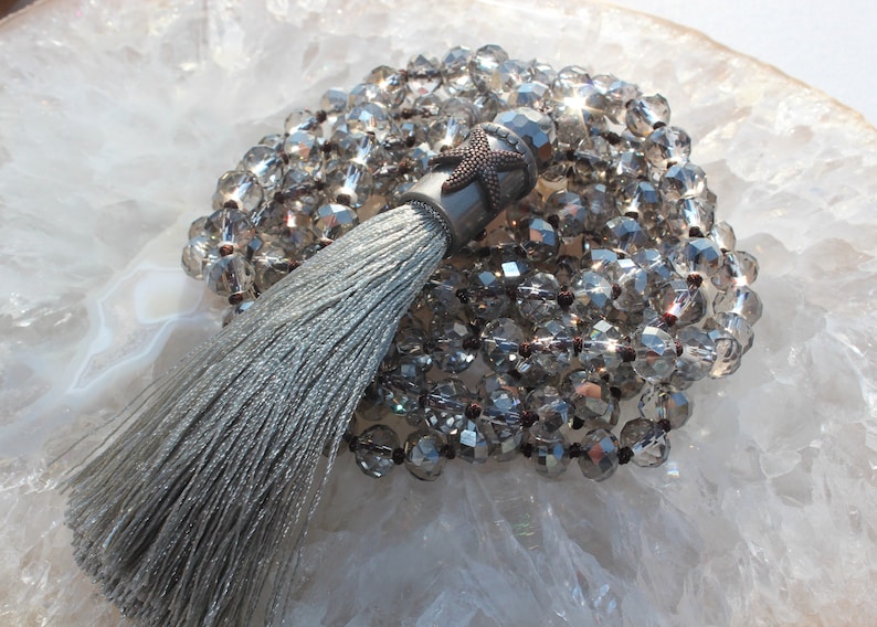Stunning Double wrap Necklace with Tassel Gray Crystals Starfish Hand knot Bohemian Jewelry
