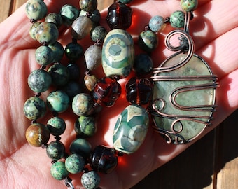 Turquoise & Prehnite Statement Beaded Necklace Earthy Elegance by Knottedup
