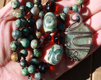 Turquoise & Prehnite Statement Beaded Necklace Earthy Elegance by Knottedup