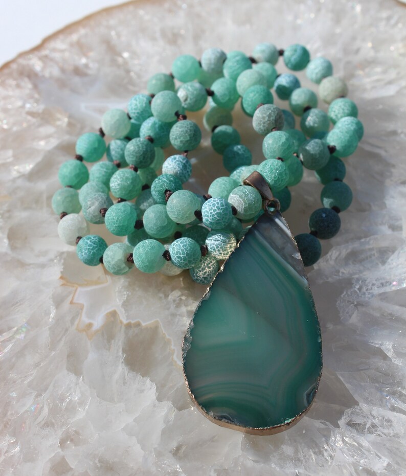 Long Beaded Green Agate Necklace with Pendant Bohemian Hippie Jewelry by Inara