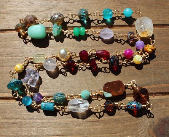 Long Necklace, Multi-Color, Natural, Semi Precious, Gemstone Necklace, Linked Necklace, Jewelry gifts for her, by Knottedup