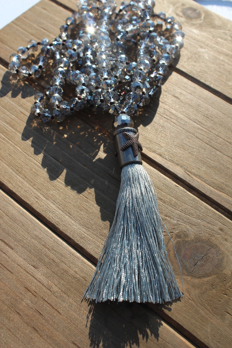 Stunning Double wrap Necklace with Tassel Gray Crystals Starfish Hand knot Bohemian Jewelry