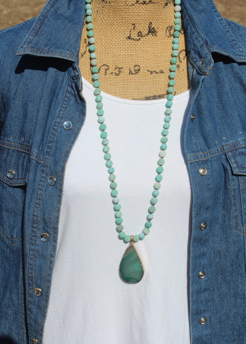 Long Beaded Green Agate Necklace with Pendant Bohemian Hippie Jewelry by Inara
