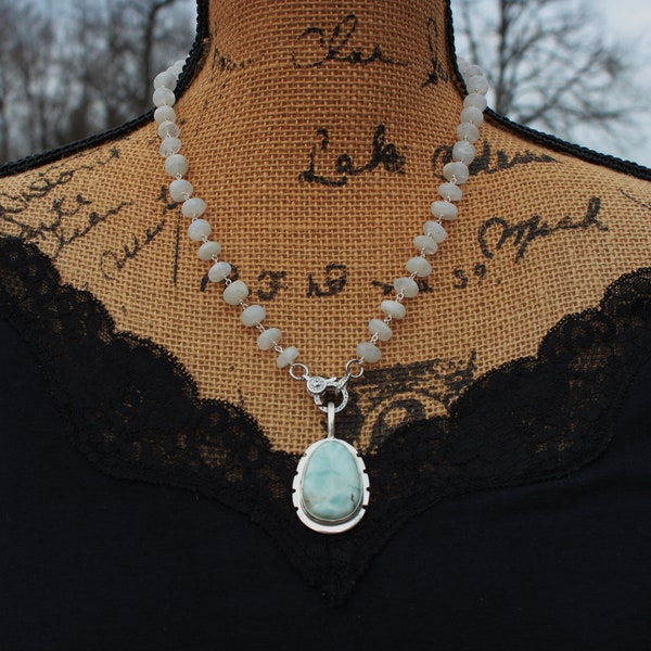 Lovely Larimar & Glowing Moonstone Necklace, 19 inches, by Knottedup