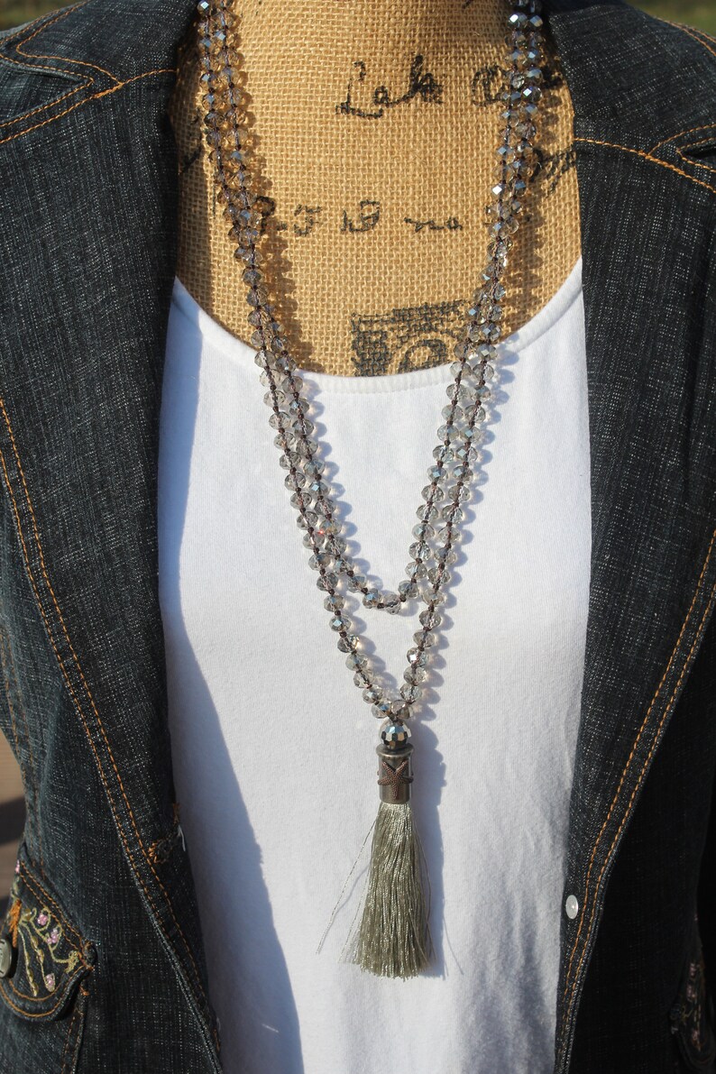 Stunning Double wrap Necklace with Tassel Gray Crystals Starfish Hand knot Bohemian Jewelry