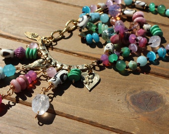 Multi Gemstone Bronze Beauty Artisan Long Rainbow Gemstone Necklace by Knottedup