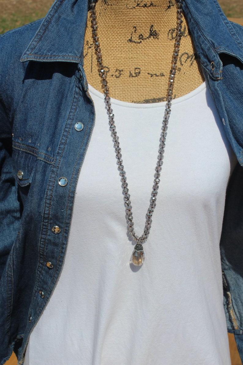 Beaded Intuition Necklace Boho Jewelry by Inarajewels Long Gray Crystal Necklace Boho Glam