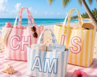 Personalized Striped Canvas Beach Tote, Embroidered Initial Bag, Bridesmaid Gift