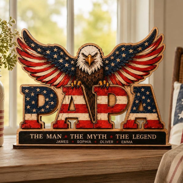 Letrero personalizado de Papa Eagle, regalo patriótico para papá, decoración personalizada con el nombre de la familia, letrero de madera con la bandera estadounidense, regalo del Día del Padre para papá.