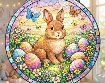 Stained Glass Bunny Suncatcher, Easter Egg Window Decor, Springtime Hanging Art