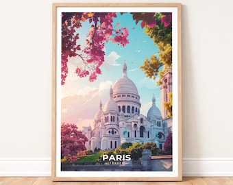 Paris France Poster - Sacré-Cœur Montmartre Wall Art - Basilica Cityscape Print - French Travel Decor - Minimalist Europe Architecture Gift