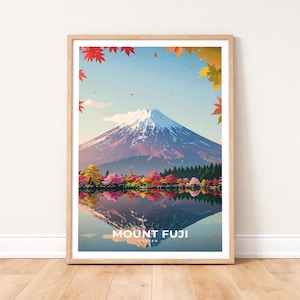 Mount Fuji Poster Lake Kawaguchi Reflection Wall Art Japanese Autumn Nature Print Aesthetic Pink Sunset Decor Zen Landscape Gift Fuji-san