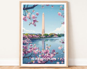 Washington DC Poster - Cherry Blossom Wall Art - Washington Monument Print - Tidal Basin Decor - Minimalist Capital Cityscape Travel Gift