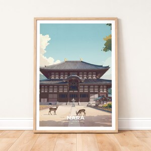 Nara Japan Poster - Todai-ji Temple Wall Art - Sacred Deer Print - Japanese Temple Decor - Nara Travel Gift - Minimalist Zen Landscape Art