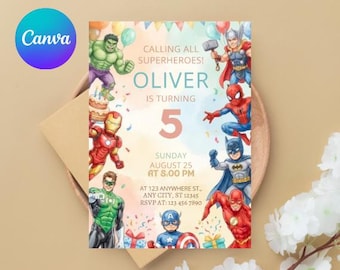 Invito di compleanno modificabile a tema supereroi, tema Avengers (modello Canva, download digitale)