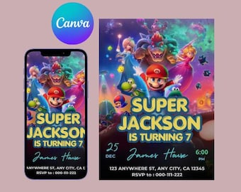 Invito di compleanno a tema Mario Galaxy, festa nello spazio, invito di compleanno di Super Mario, download immediato, modello Canva (5 x 7 pollici)