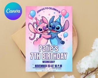 Invito di compleanno Stitch modificabile, modello modificabile e stampabile, invito carino per festa Stitch, modello Canva, download immediato, invito Canva