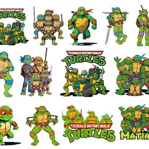 Puede incluir: Una colección de ilustraciones de las Tortugas Ninja. Las imágenes muestran a las cuatro tortugas en varias poses de acción, con armas y el logotipo de TMNT. Las tortugas son verdes con máscaras y caparazones de diferentes colores.