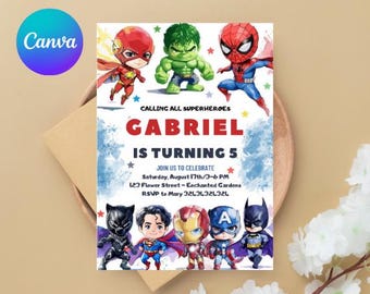 Invito di compleanno modificabile a tema supereroi, tema Avengers (modello Canva, download digitale)
