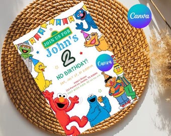 Invito di Sesame Street, biglietto di auguri di compleanno Elmo, invito digitale per feste per bambini, modello Sesame Street, download istantaneo, download istantaneo Canva, compleanno