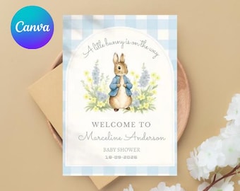 Cartello di benvenuto a tema Peter Rabbit modificabile per baby shower/Cartello di benvenuto con coniglietto/Baby shower vintage con coniglietto/Piccolo coniglietto
