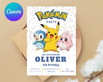Invito di compleanno modificabile a tema Pokemon, invito stampabile a tema Pikachu, invito per festa con carta Pokemon, modello digitale per bambini, download immediato Canva