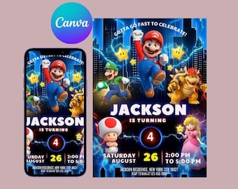 Invito di compleanno a tema Super Mario Galaxy, fantastico invito per una festa a tema Mario, modello Canva, per dispositivi mobili e stampabile, download digitale, tema spazio e galassia per bambini