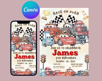 Invito per festa di compleanno di Cars, compleanno di Saetta McQueen, invito per festa di Cars, invito per festa del secondo compleanno, Two Fast, 2, modificabile con Canva
