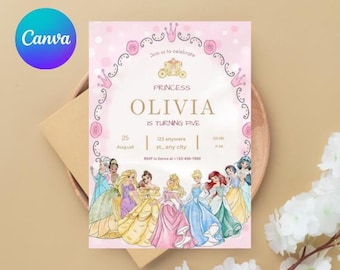Invito di compleanno modificabile per principessa/Modello di compleanno per principessa/Festa a tema principessa/Invito principessa/Modello Canva per principessa