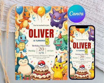 Invito Pokémon, Invito di compleanno Pokémon, Inviti per feste di compleanno stampabili, Modello di invito digitale per feste di compleanno