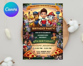 Modello di invito di compleanno Puppy Patrol, Kids Paw-ty, modificabile su Canva (download immediato)