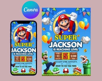 Invito di compleanno a tema Super Mario, invito per festa di Mario, invito di compleanno per bambini e bambine di qualsiasi età a tema Nintendo, formato stampabile 5x7 (modello Canvas)