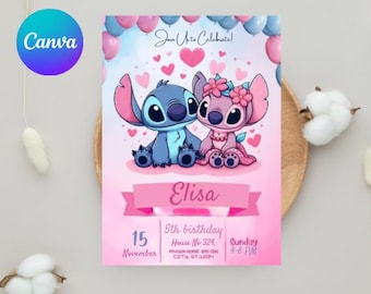 Invito di compleanno a tema Stitch: invito modificabile per feste per bambini (download digitale, modello 5 x 7 pollici)