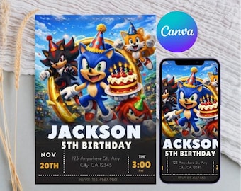 Invito di compleanno di Sonic 3, invito per la festa dei ragazzi di Super Hedgehog, invito per la festa di Super Sonic, modello di invito modificabile di Sonic, modello Canva