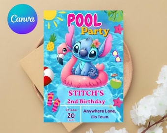 Invito di compleanno per festa in piscina a tema Stitch / Invito tropicale modificabile (download digitale)