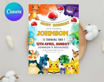 Invito di compleanno a tema Pokemon, invito per festa a tema Pokemon, modello di biglietto per bambini, download digitale modificabile da Canva