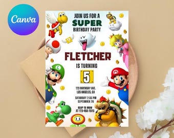 Invito di compleanno a tema Super Mario, festa di videogiochi, invito stampabile (download digitale)