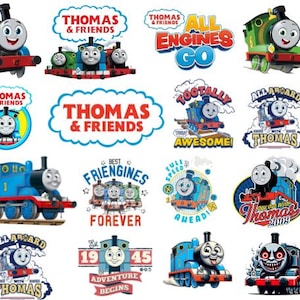 Könnte beinhalten: Eine Sammlung farbenfroher Thomas & Friends-Grafiken. Die Bilder zeigen verschiedene Illustrationen von Thomas, der kleinen Lokomotive, und anderen Zugcharakteren, zusammen mit Text wie "All Engines Go" und "Best Friengines Forever."