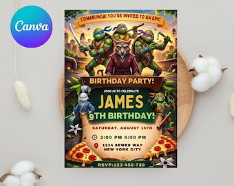 Invito di compleanno delle Tartarughe Ninja – Festa di Cowabunga, modello Canva modificabile, biglietto d'invito digitale o stampabile