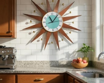 24 Inch Mid Century Modern Starburst Wall Clock – Large Metal Retro Atomic Style – Silent Non-Ticking Decor for Living Room