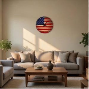 Handmade American Flag Wall Clock | 12" Rustic Patriotic Wood Decor, Silent Farmhouse Clock, Unique Veteran Gift, Man Cave USA Wall Art
