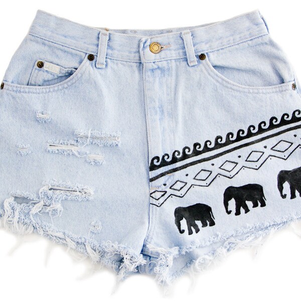 Tribal/Aztec Elephant and Waves Shorts, Hand Painted, Vintage Distressed High Waisted Denim, Upcycled W28